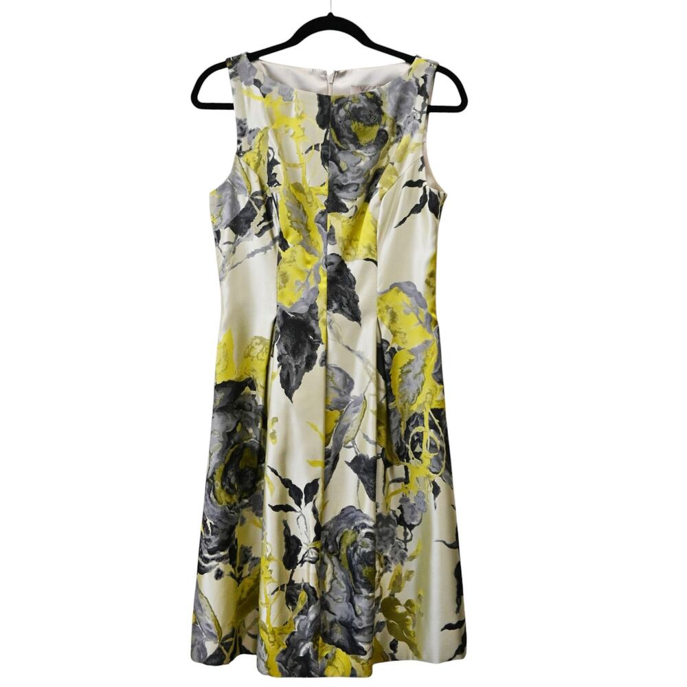 Lela Rose Beige Yellow Floral Jacquard Sleeveless Pleated Sheath Dress Size 6